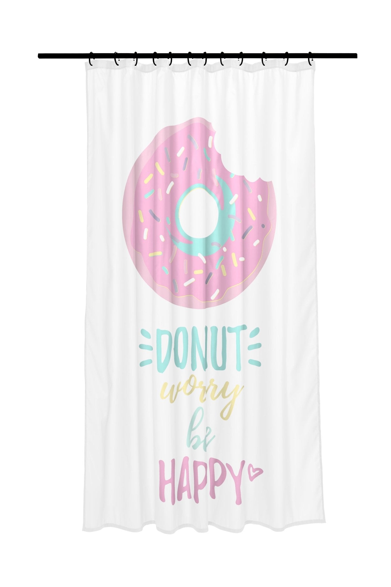 Weißer Duschvorhang mit pinkem Donut und Text Donut worry be happy