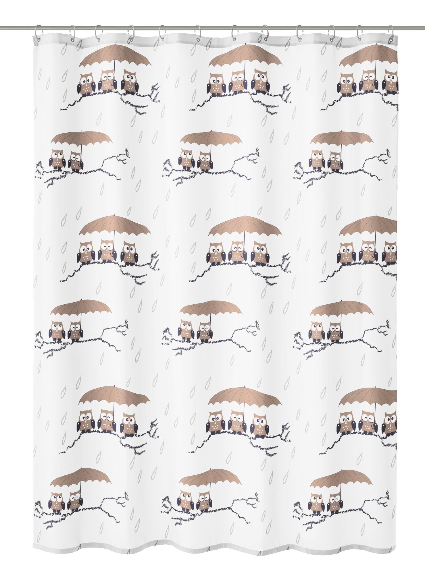 Textiler Duschvorhang in Taupe mit Eulenmotiv unter Regenschirmen und zarten Regentropfen.