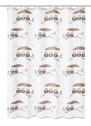 Duschvorhang Textil EULEN Taupe 180 x 180 cm zeigt Eulen auf Ästen mit Schirm und Regentropfen.