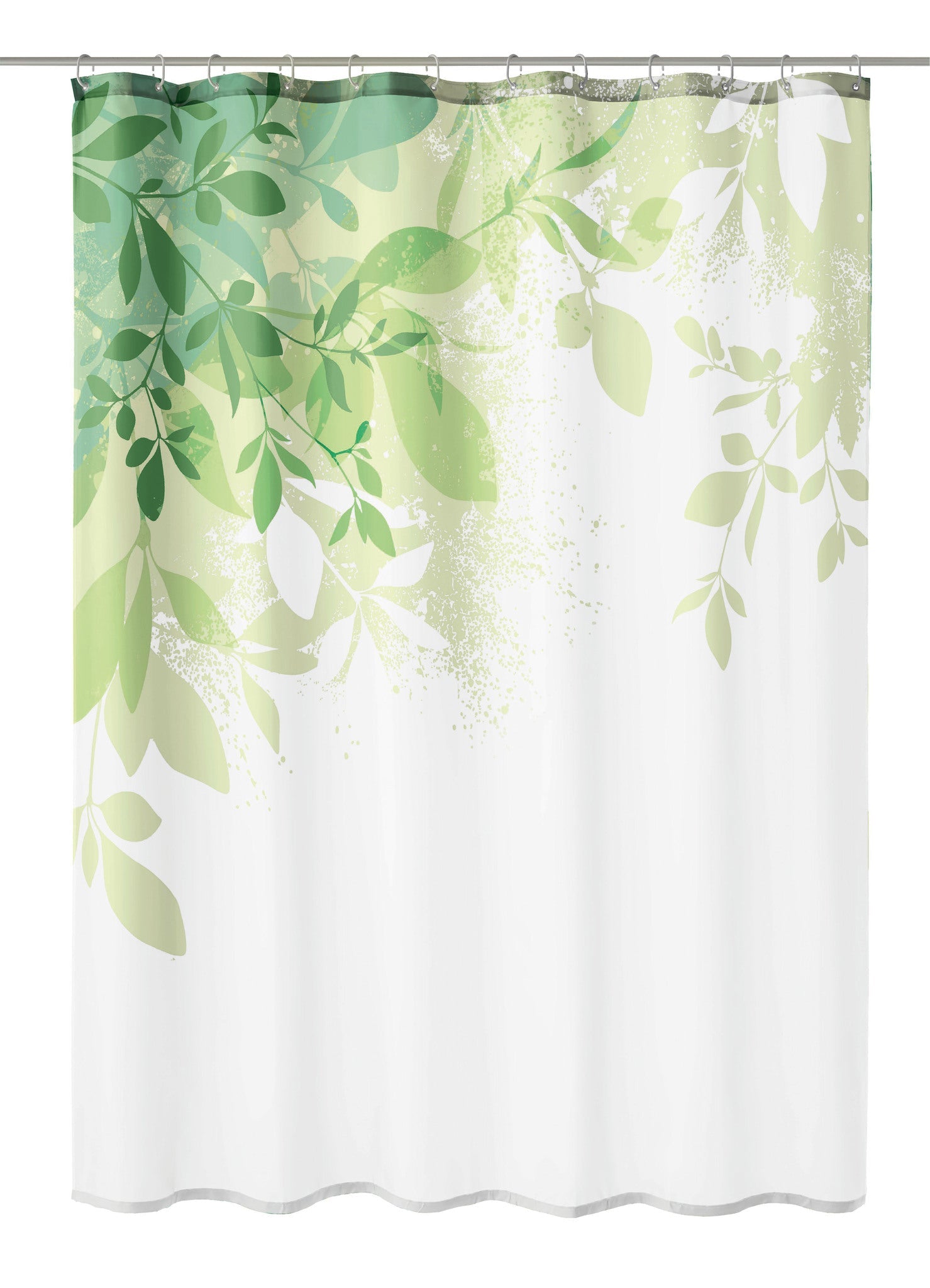 Weißer Duschvorhang mit grünem Blattmotiv im Aquarellstil oben bedruckt