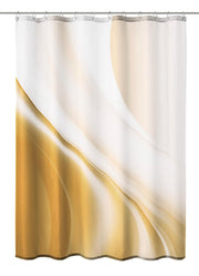 Duschvorhang in Weiß und Goldfarben mit fließendem, abstraktem Wellenmuster.
