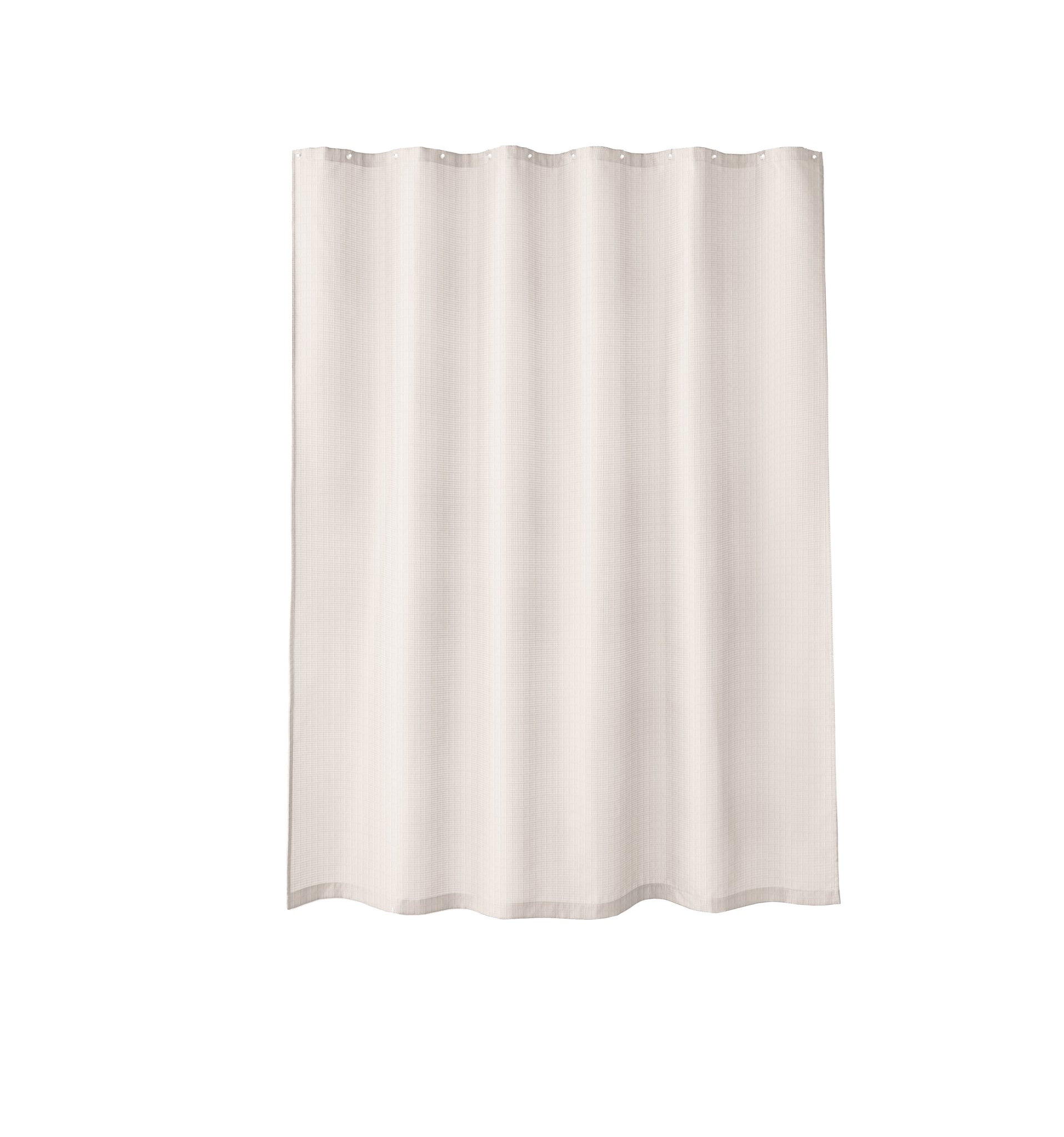Beiger Duschvorhang mit feiner Struktur, frontal vor weißem Hintergrund