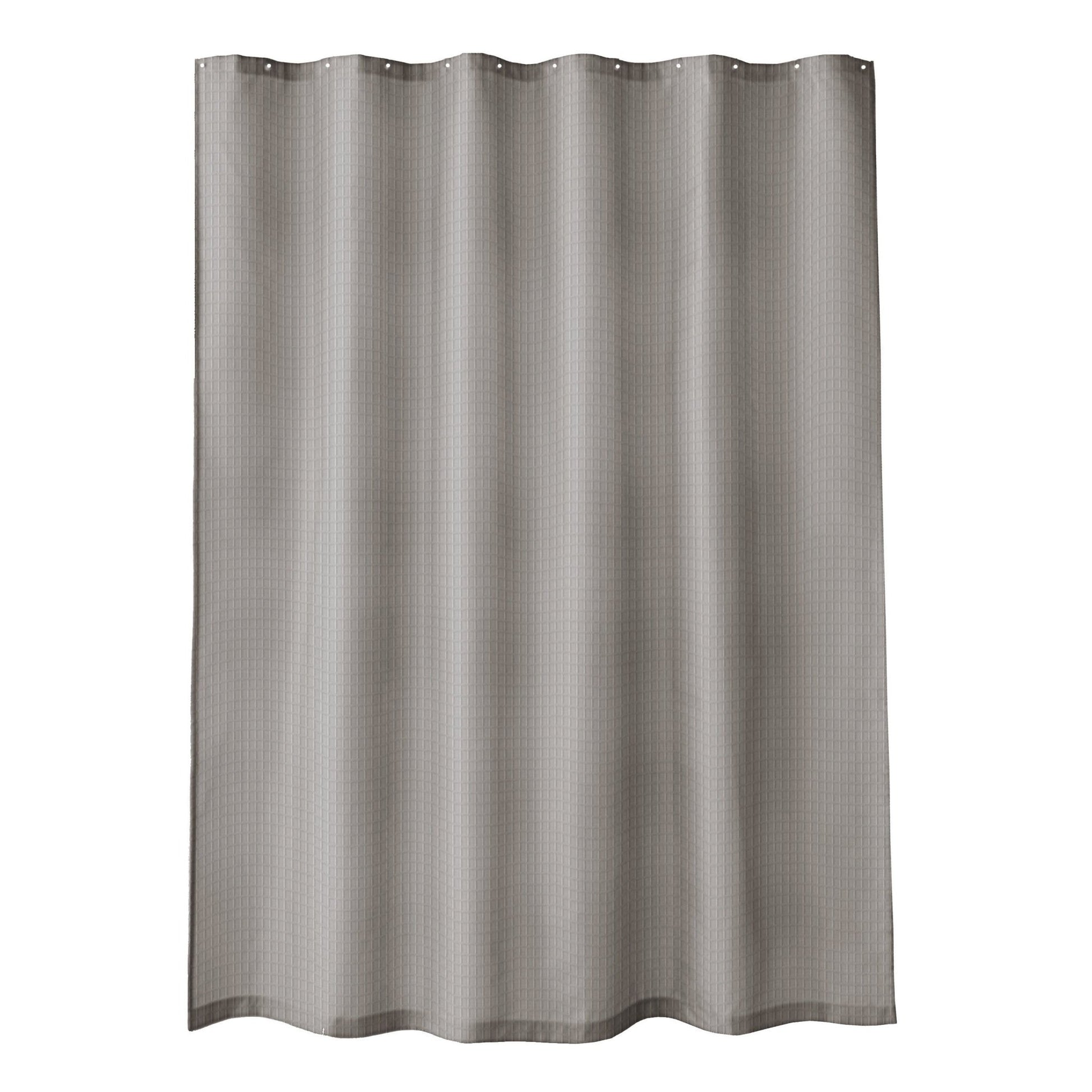 Platinfarbener Duschvorhang Textil GRIGLIA 180 x 200 cm hängt glatt mit leichter Wellenstruktur.