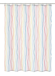 Weißer Duschvorhang mit bunten, welligen Linien in Rot, Blau, Gelb
