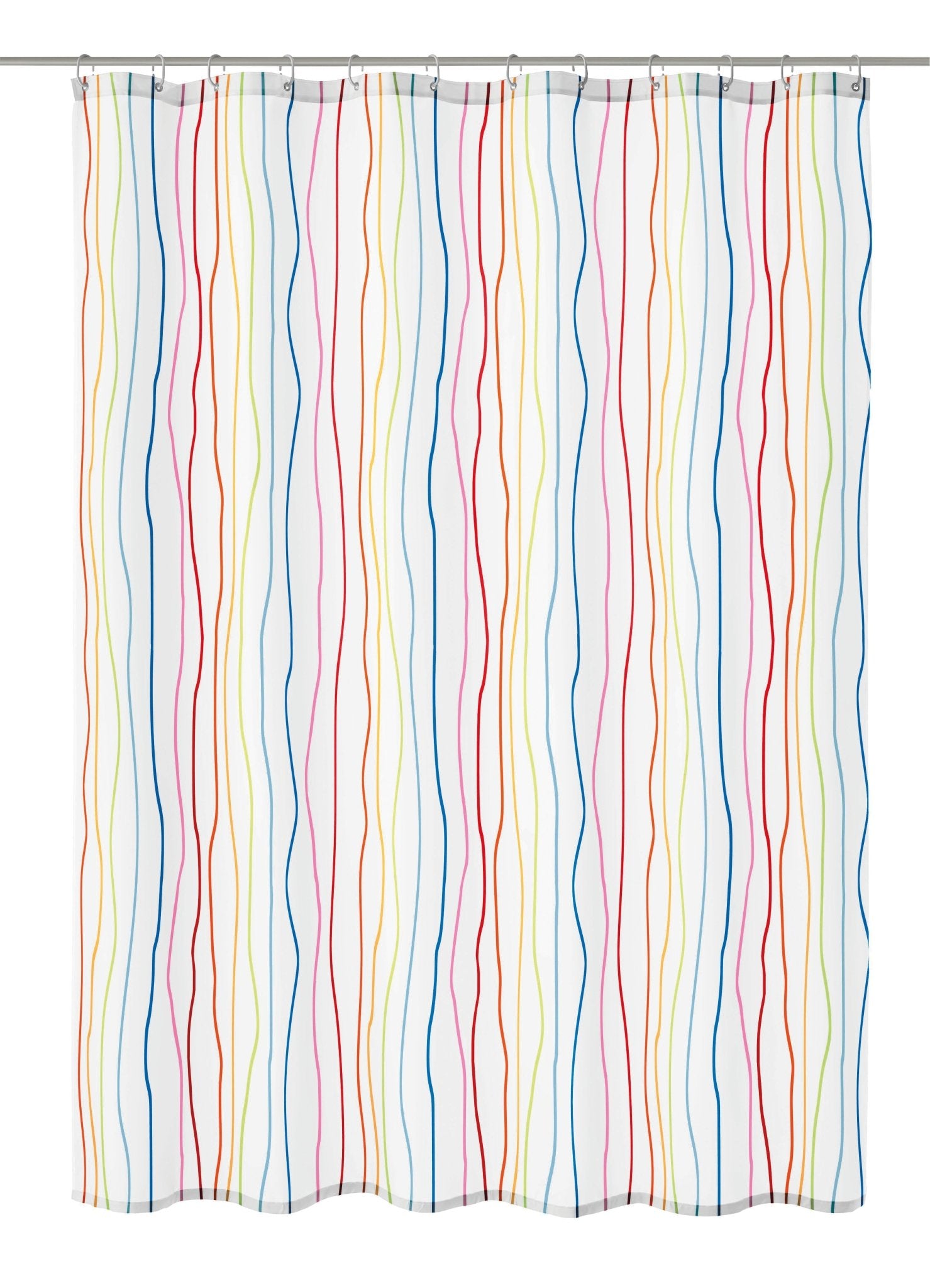 Weißer Duschvorhang mit bunten, welligen Linien in Rot, Blau, Gelb
