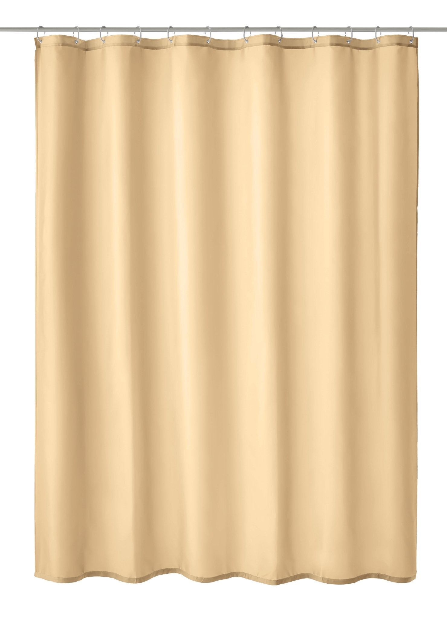 Beiger Duschvorhang Textil KITO Natur 120 x 200 cm hängt glatt an Metallstange mit Ringen.