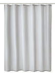 Weißer Duschvorhang aus Stoff mit Metallösen an Duschstange oben befestigt