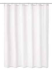 Duschvorhang Textil KITO in Schneeweiß, vollständig aufgehängt mit Ringen dargestellt.
