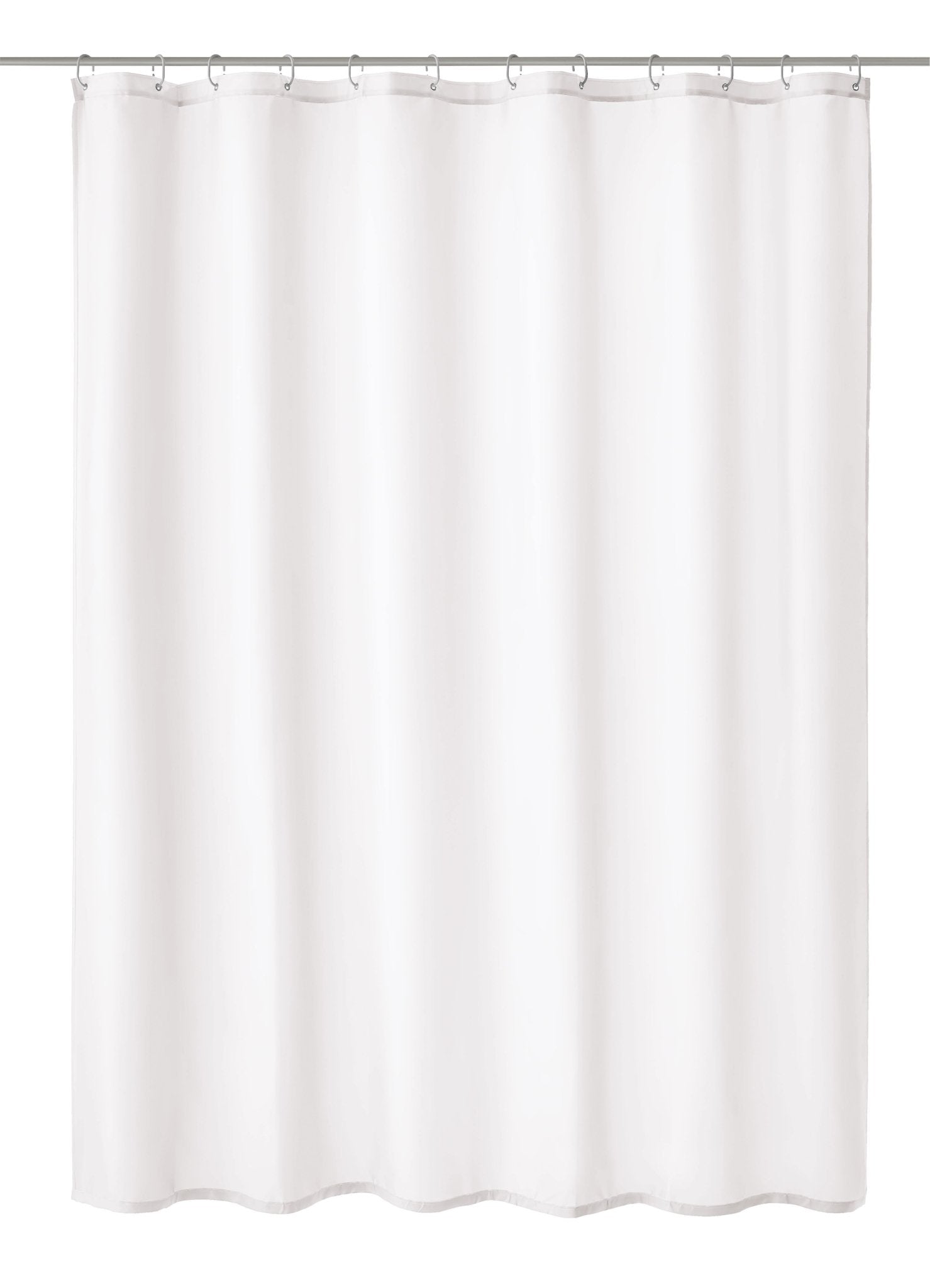Duschvorhang Textil KITO in Schneeweiß, vollständig aufgehängt mit Ringen dargestellt.