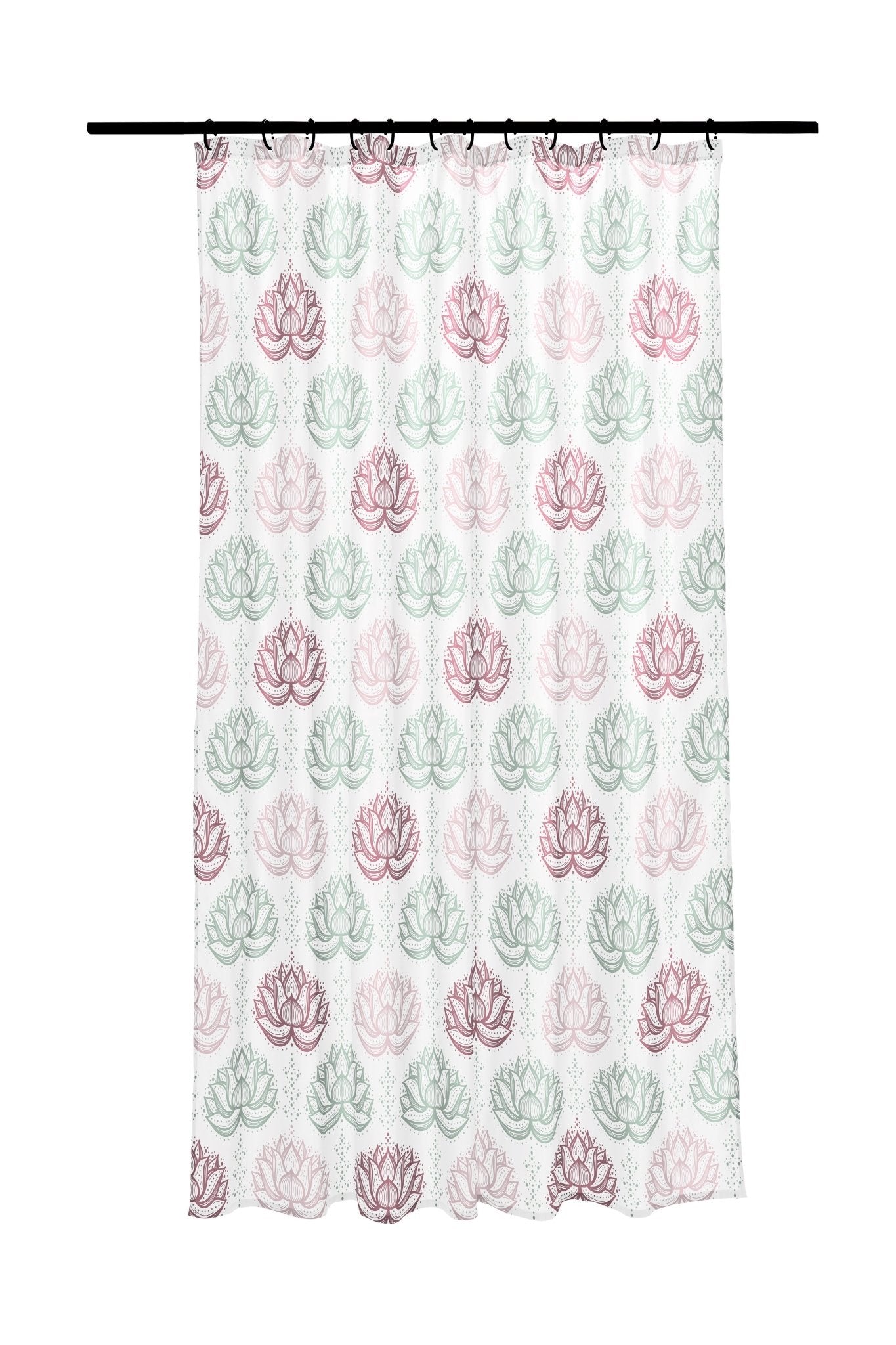 Duschvorhang mit rosa und grünen Korallenmotiven an Duschstange oben