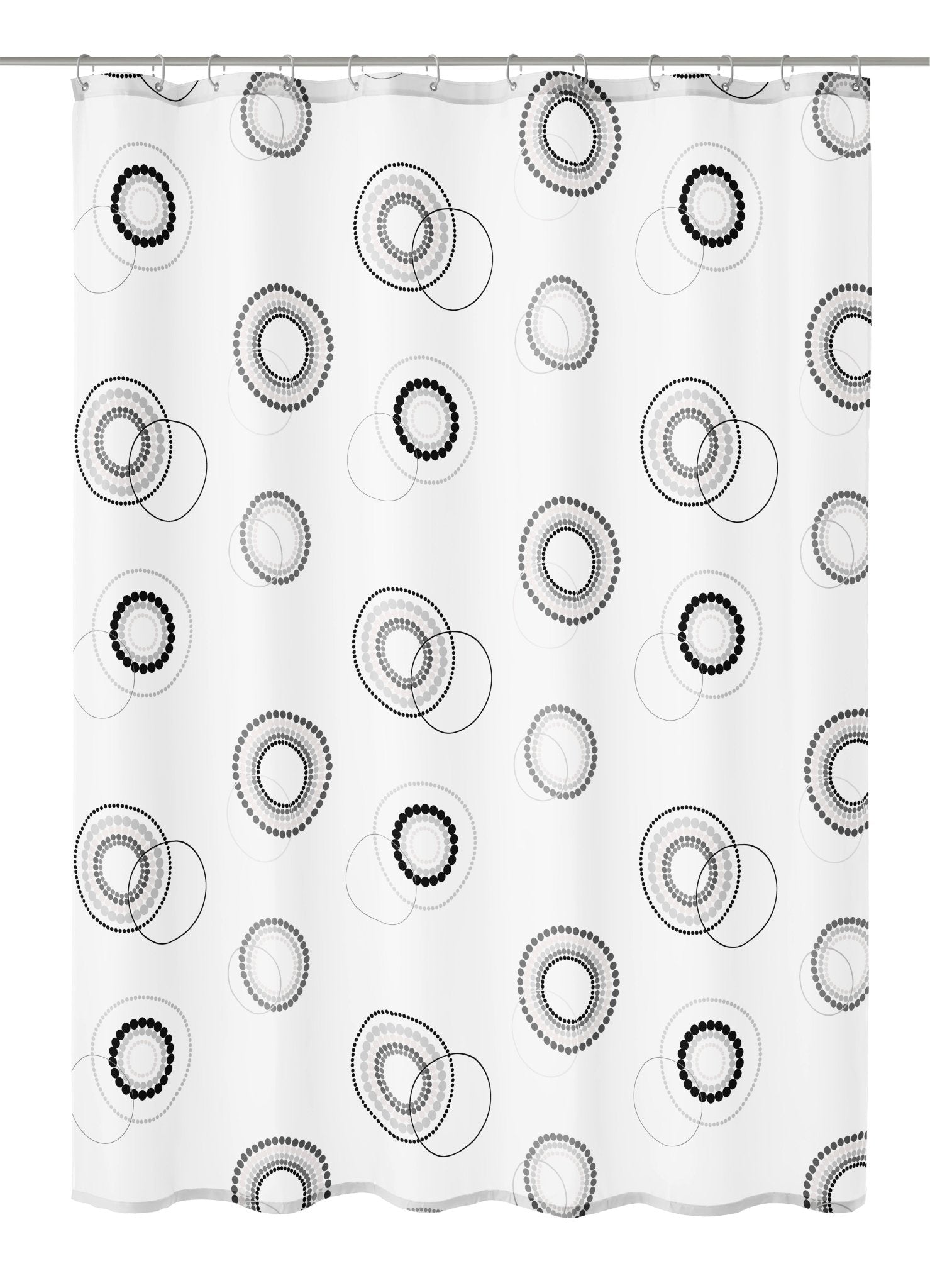 Duschvorhang Textil LUNA Schwarz-Weiß 180 x 200 cm mit kreisförmigem Muster hängt ausgebreitet.