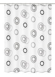 Duschvorhang Textil LUNA Schwarz-Weiß 180 x 200 cm mit kreisförmigem Muster hängt ausgebreitet.