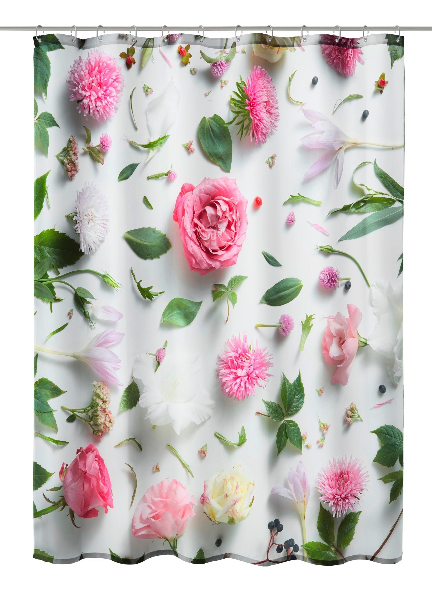 Blumen-Duschvorhang mit rosa und weißen Blüten auf weißem Hintergrund