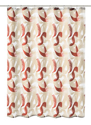 Duschvorhang mit abstraktem Design in Goldfarben und Roségoldfarben auf Weiß.