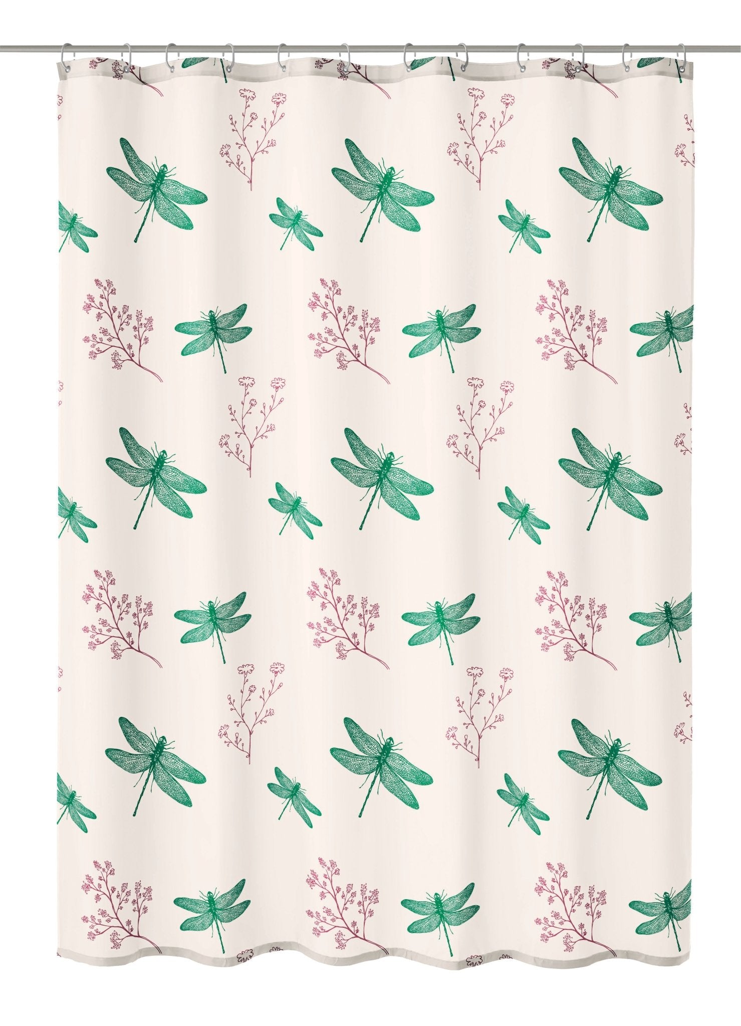 Duschvorhang mit grünen Libellen und rosa Blüten auf weißem Hintergrund