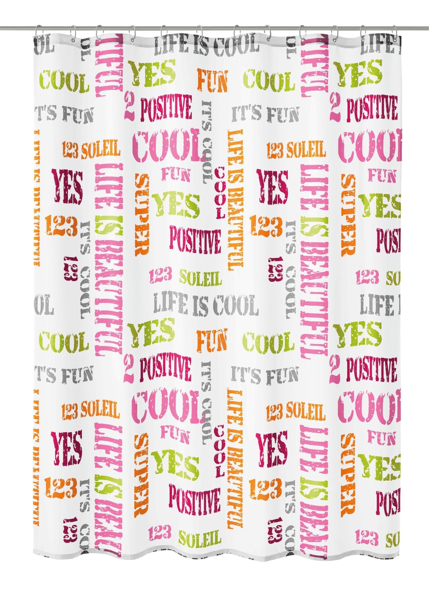 Bunter Duschvorhang mit Schriftzügen in Pink, Orange und Grau bedruckt