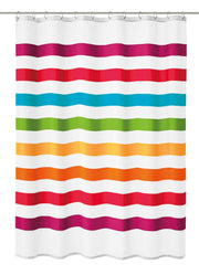 Duschvorhang Textil SELECT Multicolor 180 x 200 cm mit bunten Querstreifen vor weißem Hintergrund.