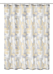 Duschvorhang mit abstraktem Muster in Grau, Weiß und Beige an Stange.
