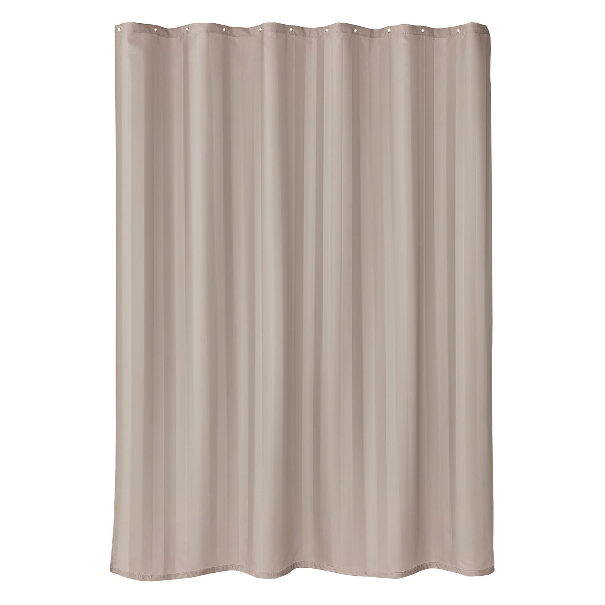 Beiger Duschvorhang mit dezentem Streifenmuster in frontaler Ansicht
