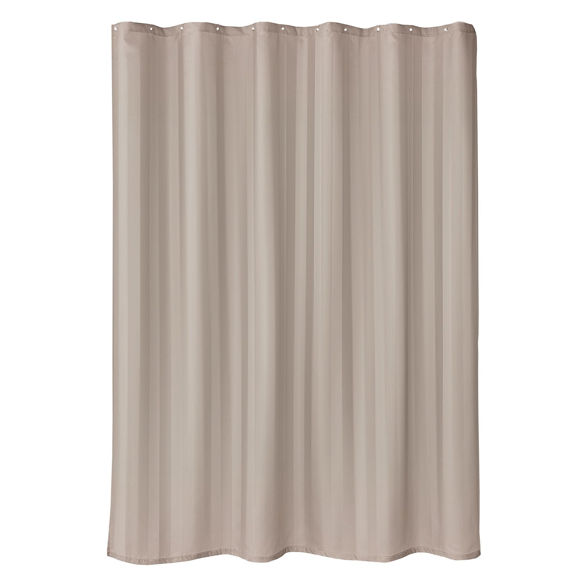 Beiger Duschvorhang mit dezentem Streifenmuster in frontaler Ansicht