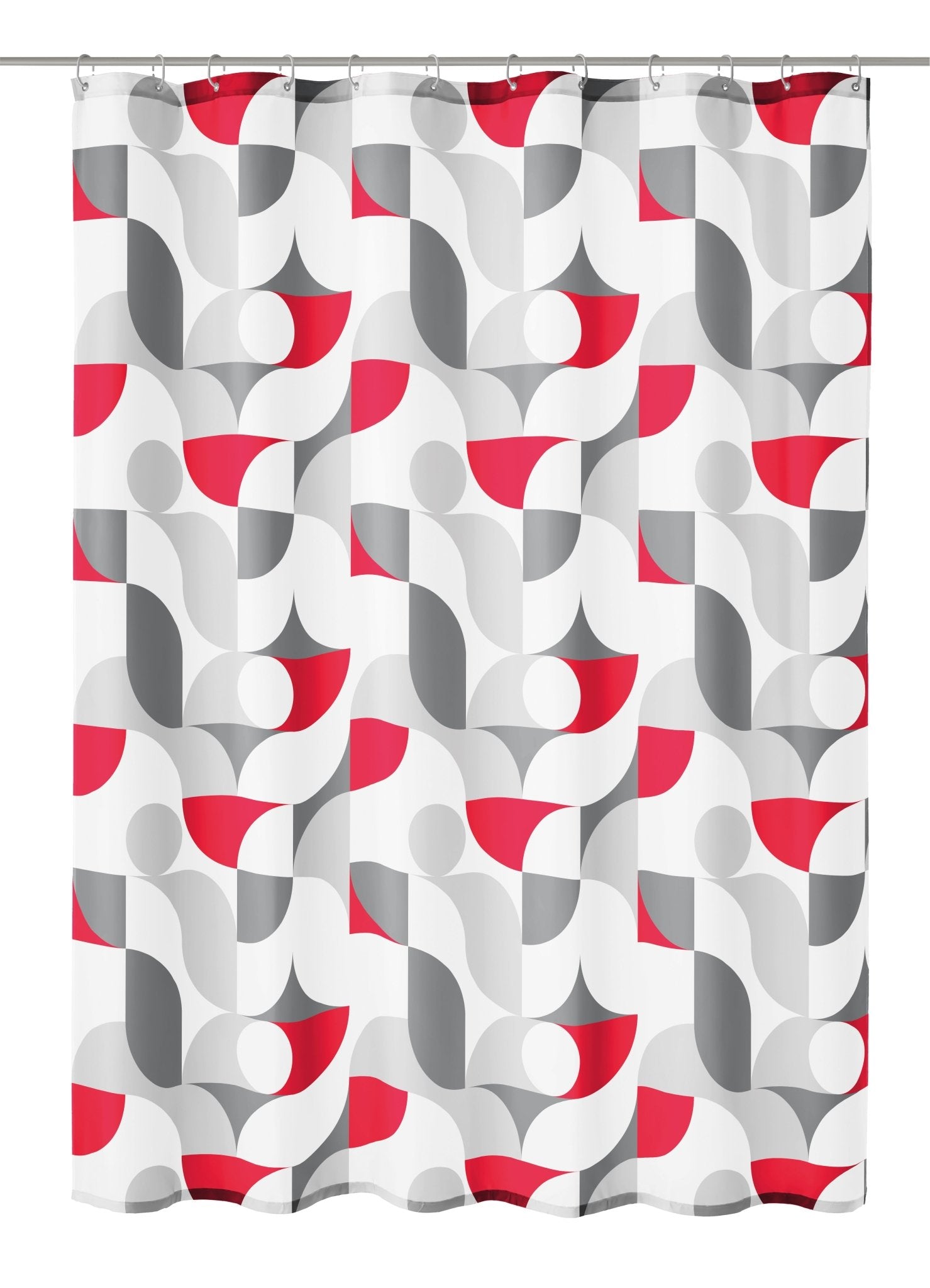 Textiler Duschvorhang TESS Rubin 180 x 200 cm mit abstraktem Muster in Rot, Grau und Weiß hängt glatt.
