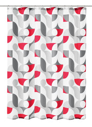 Textiler Duschvorhang TESS Rubin 180 x 200 cm mit abstraktem Muster in Rot, Grau und Weiß hängt glatt.