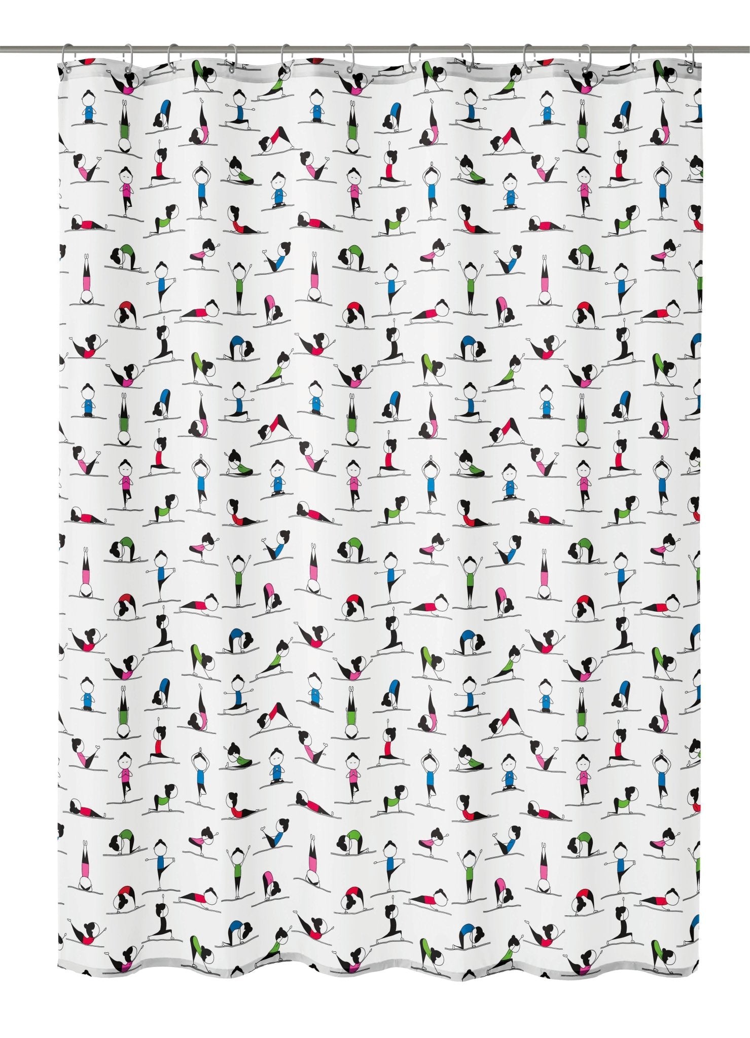 Duschvorhang Textil YOGI Multicolor 180 x 200 cm zeigt bunte Yogamotiven auf weißem Stoff.