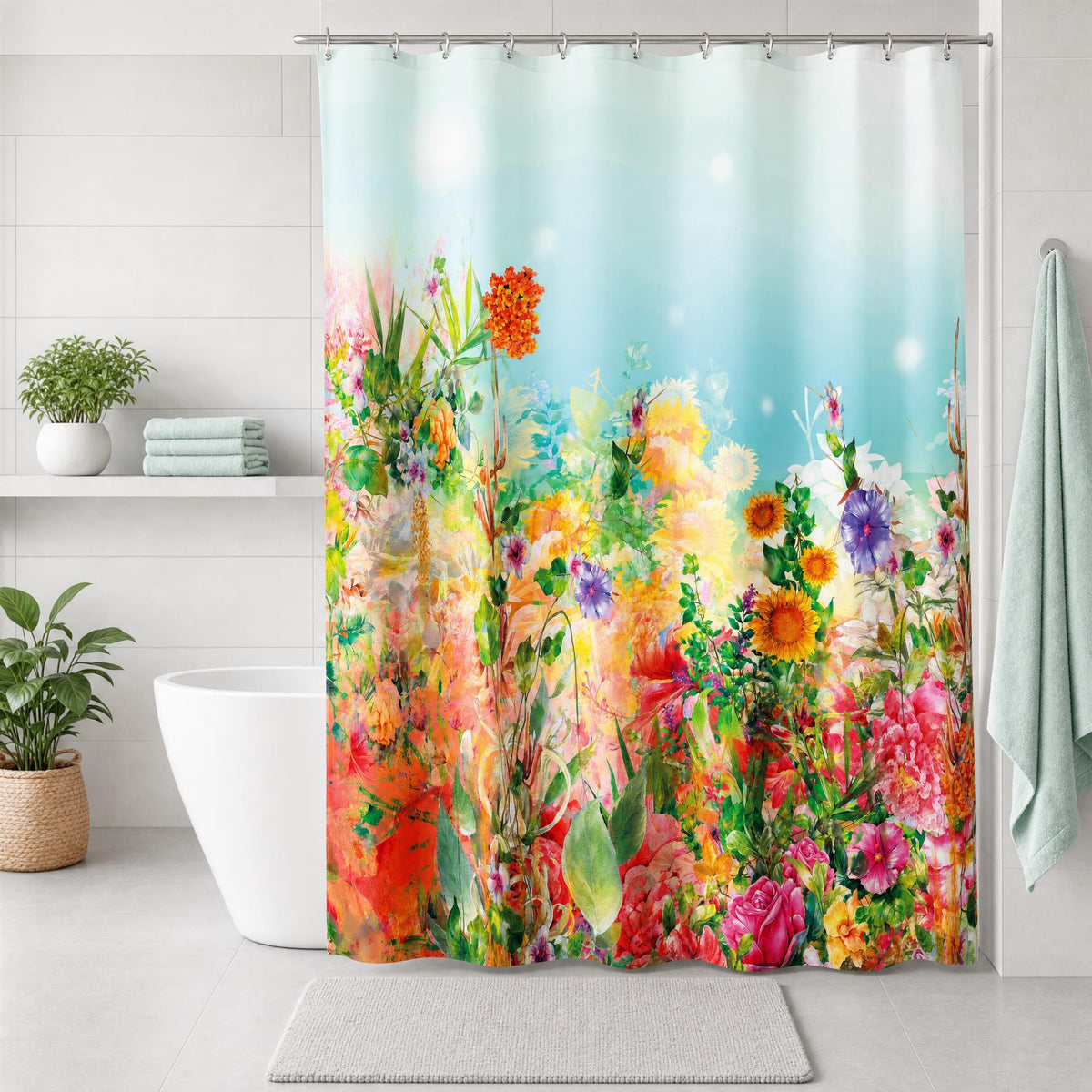 Duschvorhang mit farbenfrohem Blumenmotiv in hellem, modernem Bad.
