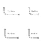 Vier L-Duschstangen mit Maßen 75x170, 75x90, 90x155 und 90x90 cm