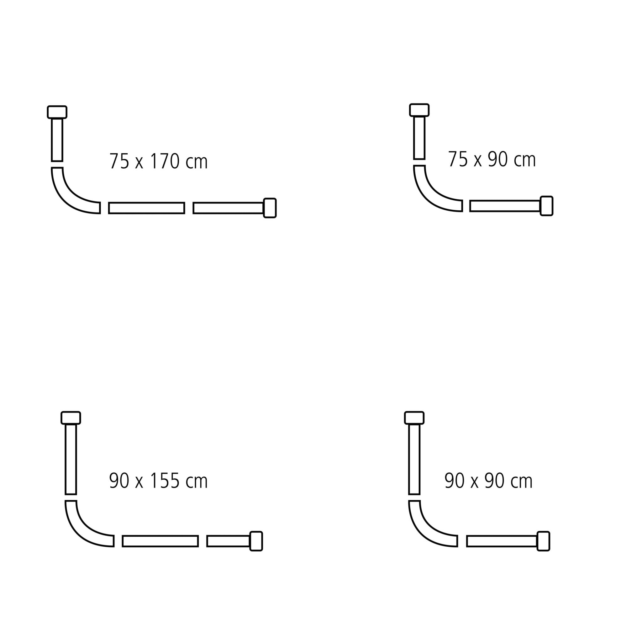 Vier L-Duschstangen mit Maßen 75x170, 75x90, 90x155 und 90x90 cm