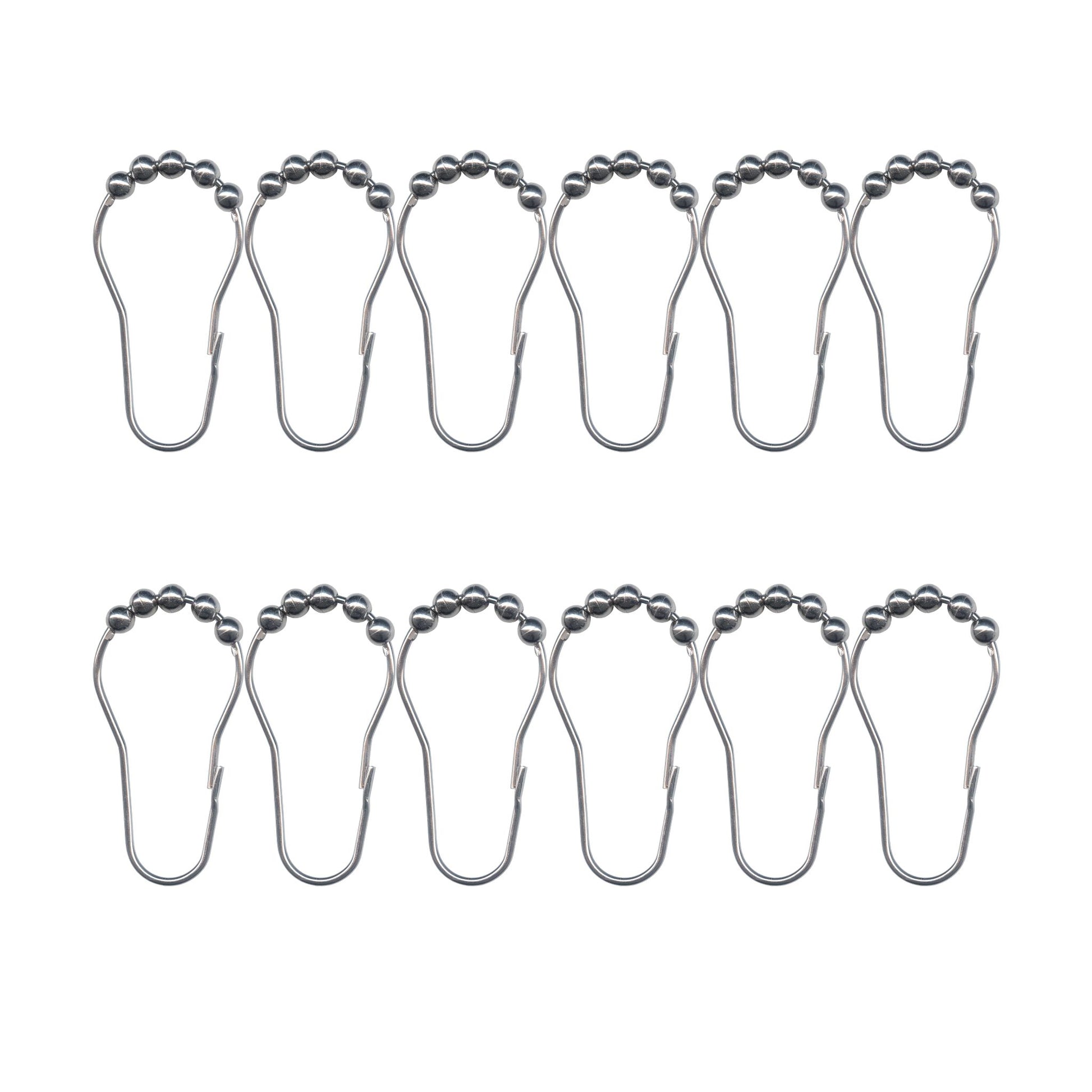 Zwölf silberne Duschvorhang-Rollenhaken aus Metall in zwei Reihen