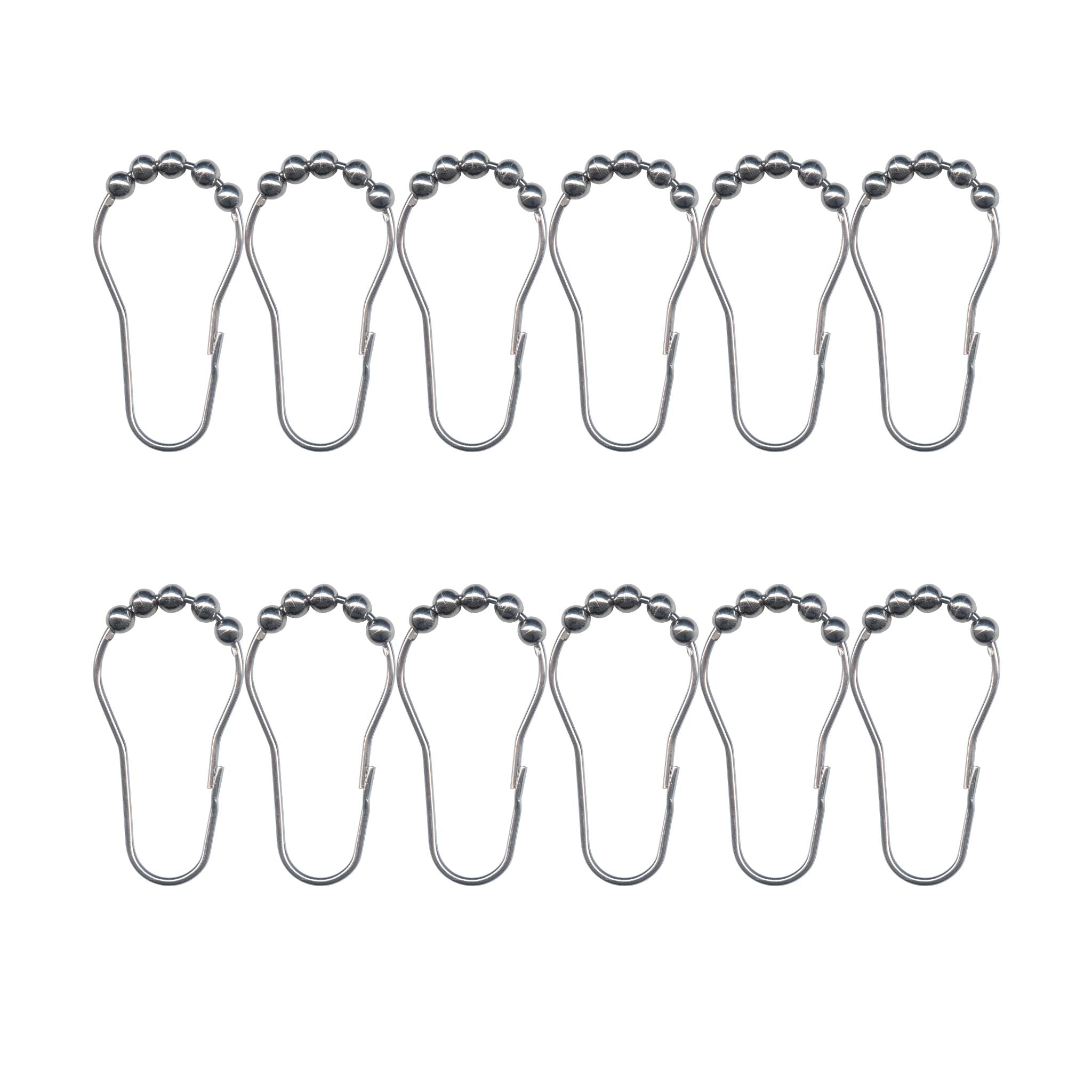 Zwölf silberne Duschvorhang-Rollenhaken aus Metall in zwei Reihen