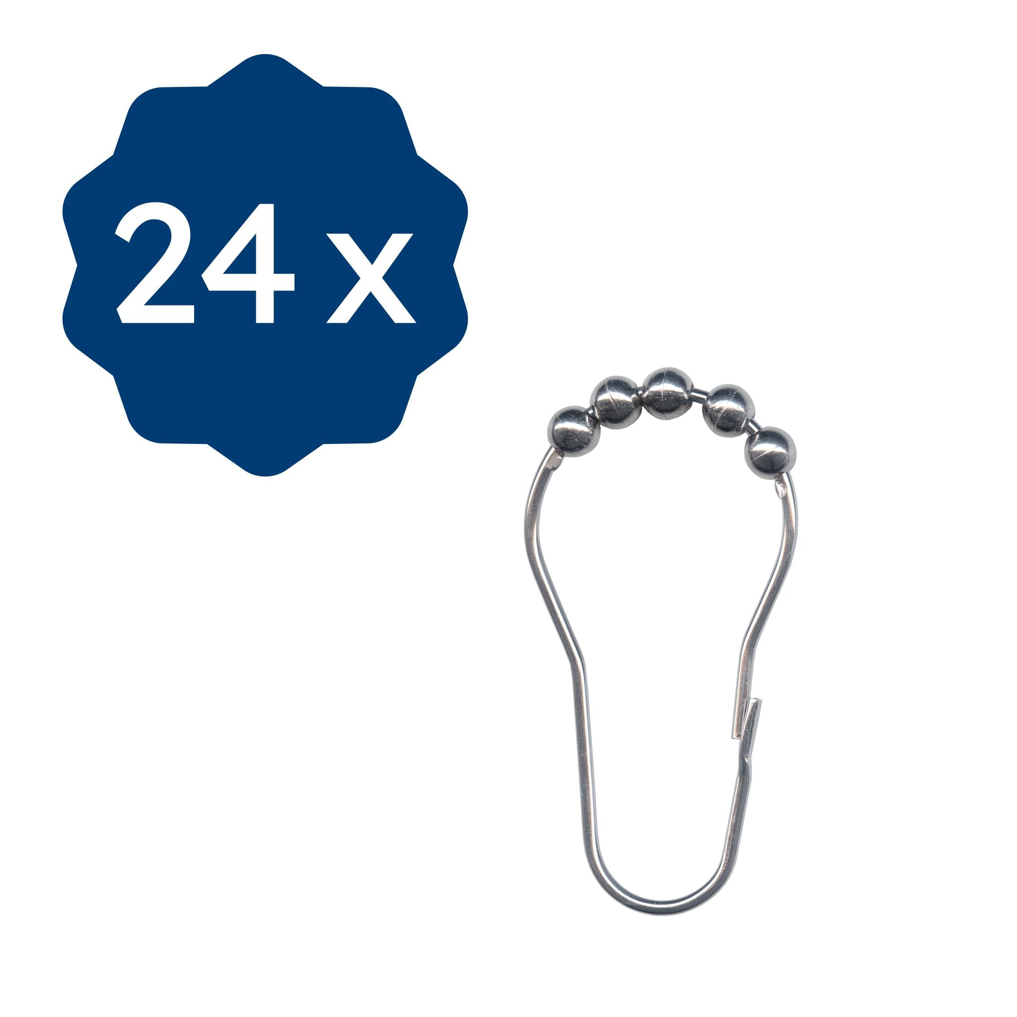 24 Duschvorhangringe aus Metall mit Kugeln vor weißem Hintergrund