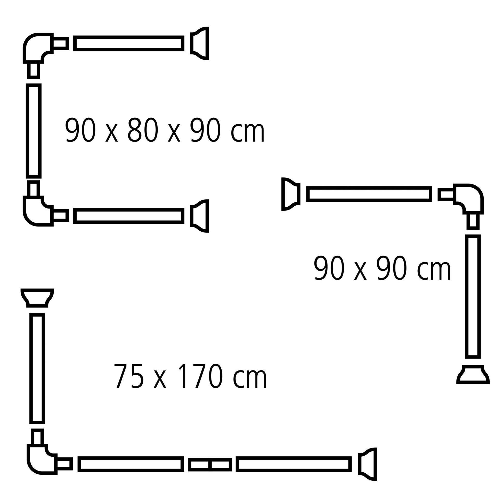 Drei L-förmige Duschvorhangstangen mit Maßen 90x80x90, 90x90, 75x170 cm
