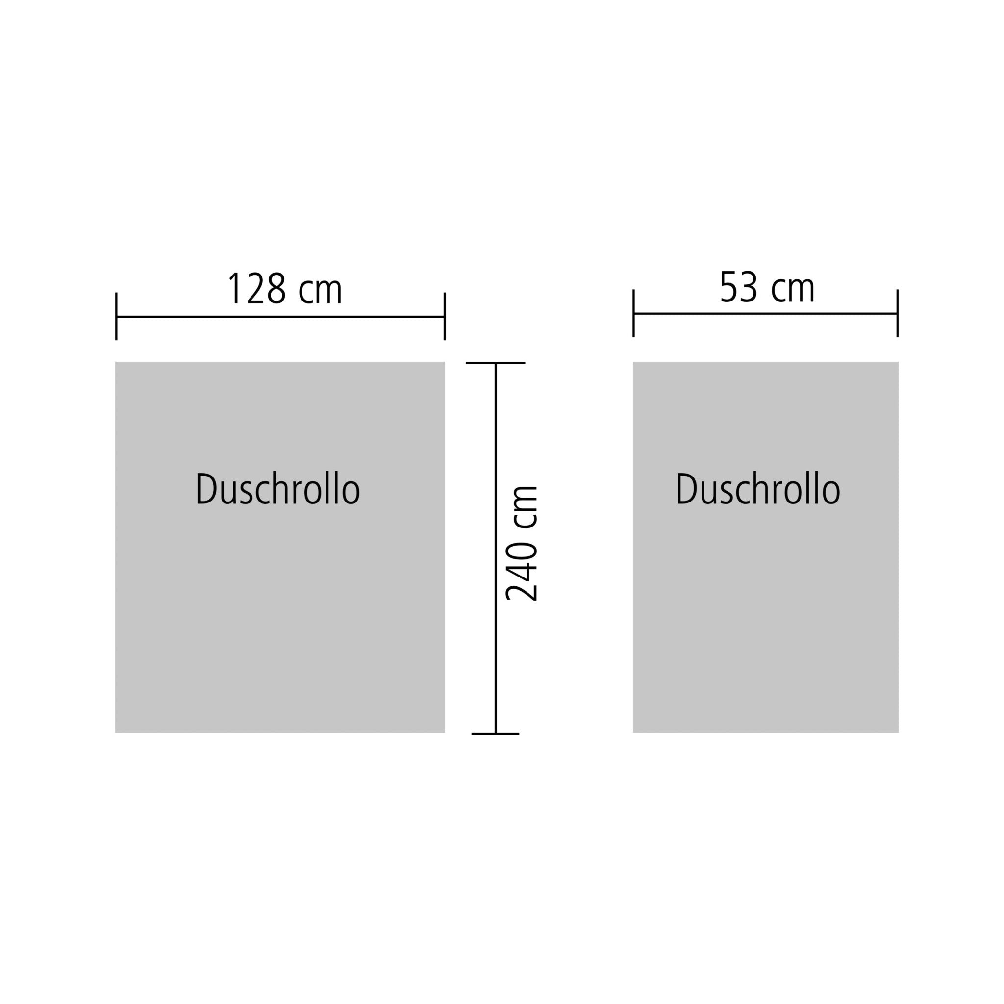 Grafik mit zwei grauen Eckduschrollos für Badewanne mit Maßen 128x240 cm und 53x240 cm.