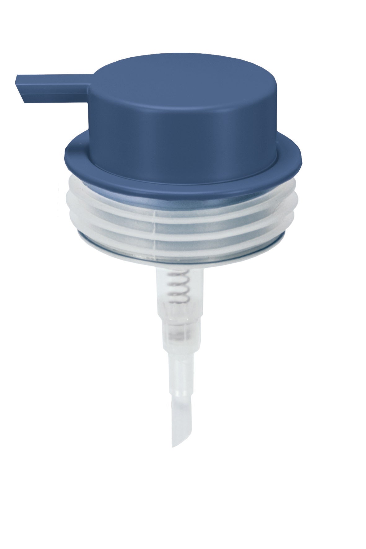Blauer Dosieraufsatz aus Kunststoff mit transparentem Gewinde für Flaschen