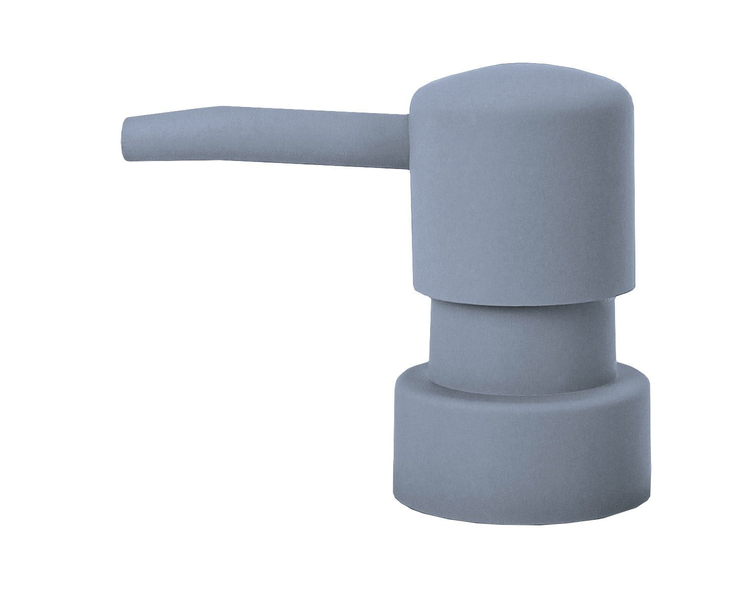 Grauer, zylindrischer Seifenspender mit schmalem Auslauf nach links