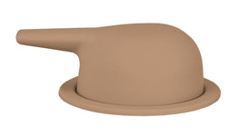 Brauner, runder Aufsatz mit seitlichem Auslaufstutzen auf weißem Grund