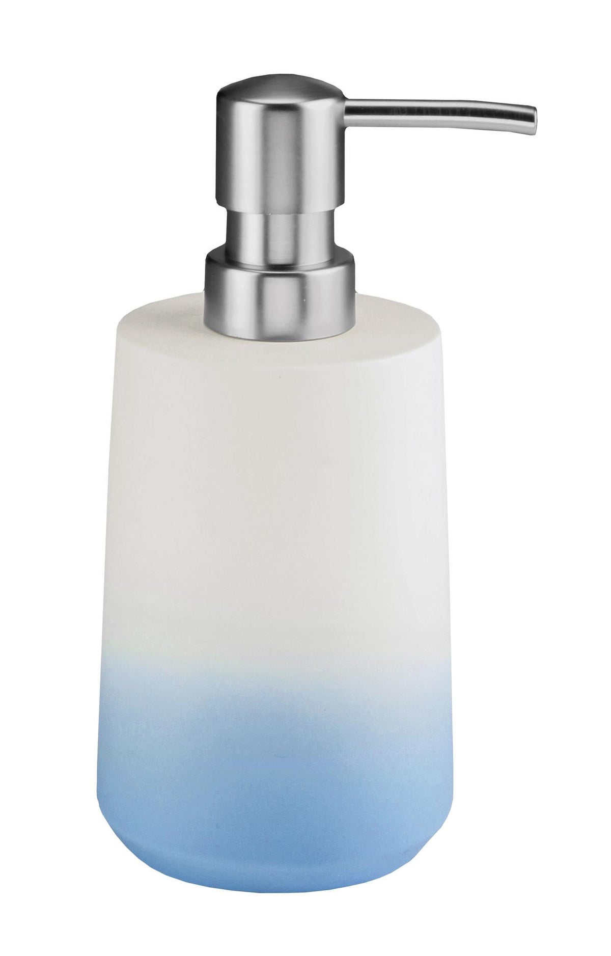 Seifenspender mit blauem Verlauf und silberfarbenem Pumpkopf.