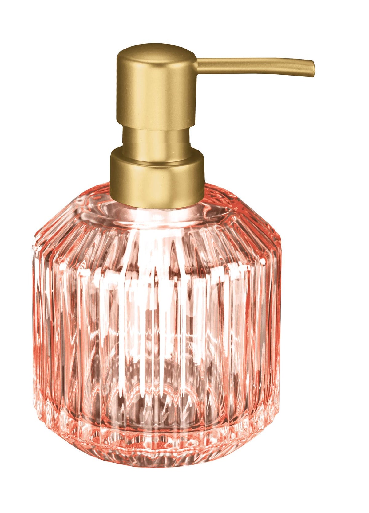 Rosa Seifenspender aus geriffeltem Glas mit goldfarbener Pumpe.