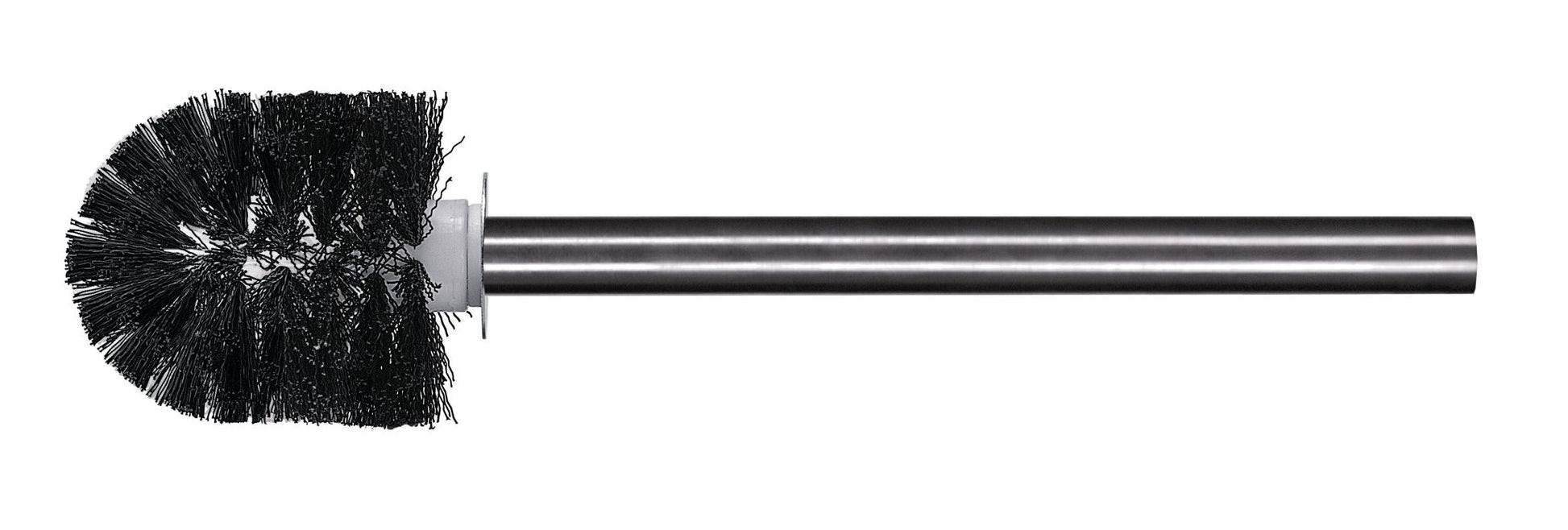 Schwarze Ersatz-WC-Bürste mit rundem Bürstenkopf und schwarzem Stiel vor weißem Hintergrund.