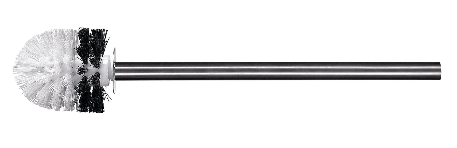 Ersatz-WC-Bürste Ø 73 mm in Schwarz-Weiß mit silberfarbenem Stiel liegt seitlich vor weißem Hintergrund.