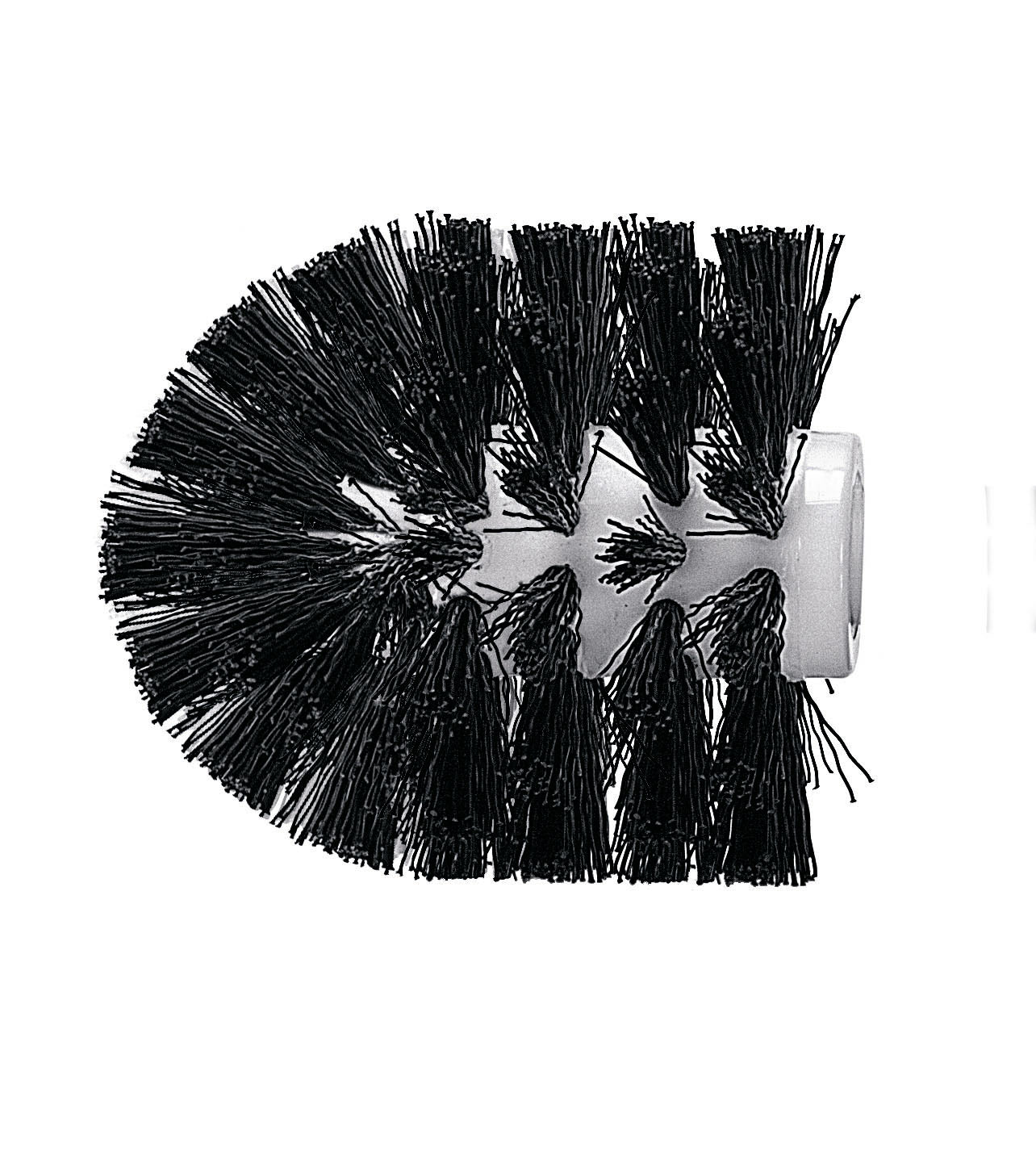 Schwarzer Ersatz-WC-Bürstenkopf Ø 73 mm liegt seitlich auf hellem Hintergrund.