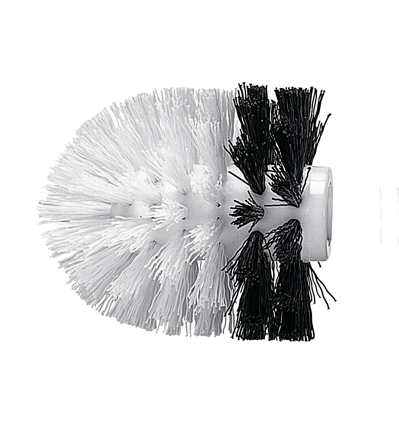 Ersatz-WC-Bürstenkopf Ø 73 mm in Schwarz-Weiß liegt seitlich und zeigt dicht angeordnete Borsten.