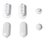 Sechsteiliges Ersatzteil-Deckelpuffer Weiß Set mit weißen Puffern in Nahaufnahme.