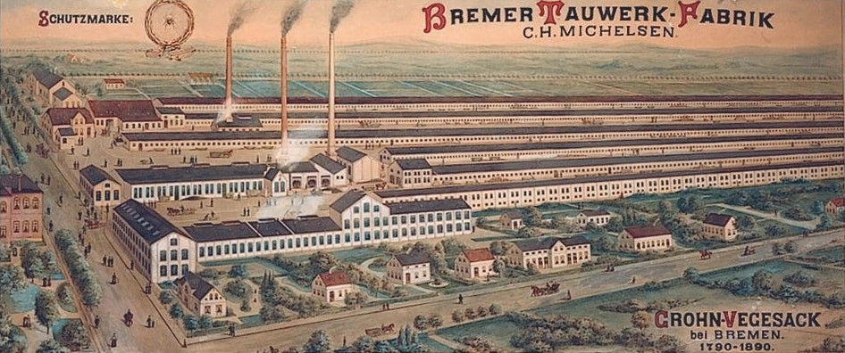 Historische Zeichnung einer großen Fabrikanlage mit Schornsteinen und umliegenden Wohnhäusern.