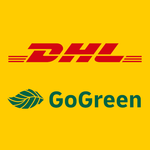 DHL GoGreen Logo mit rotem DHL Schriftzug und grünem GoGreen Blatt auf gelbem Hintergrund.