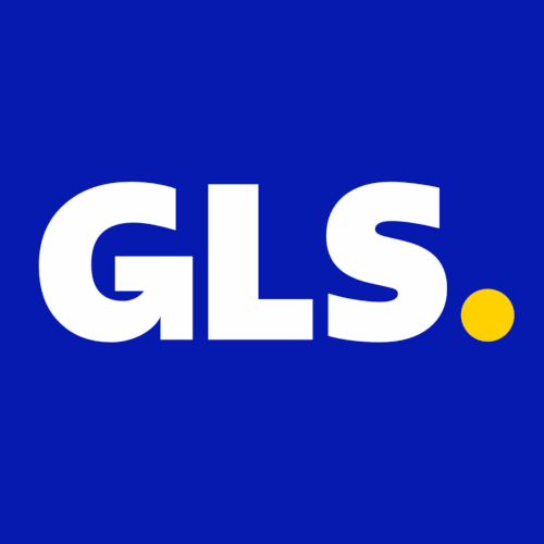 Das Bild zeigt das GLS Logo in Weiß mit gelbem Punkt auf blauem Hintergrund.