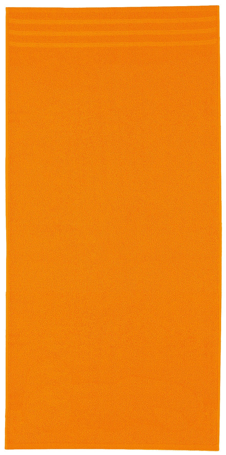 Orangefarbenes Frottier Duschtuch ROYAL Mandarin 70 x 140 cm liegt flach ausgebreitet.