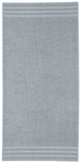 Graues rechteckiges Handtuch mit schlichten Bordürenrändern seitlich
